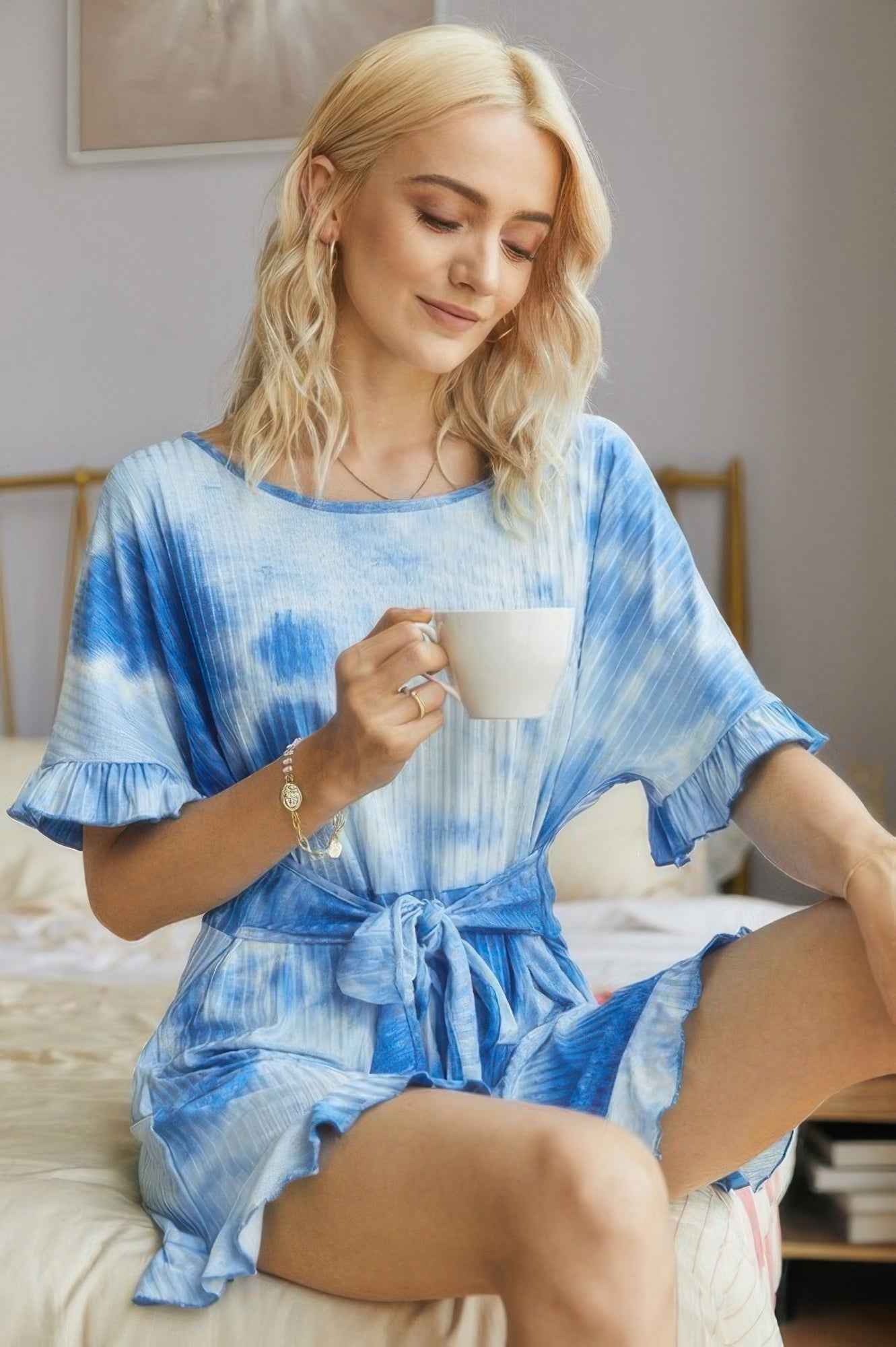 Tie Dye Ribbed Ruffle Tie Waist Pleated Romper