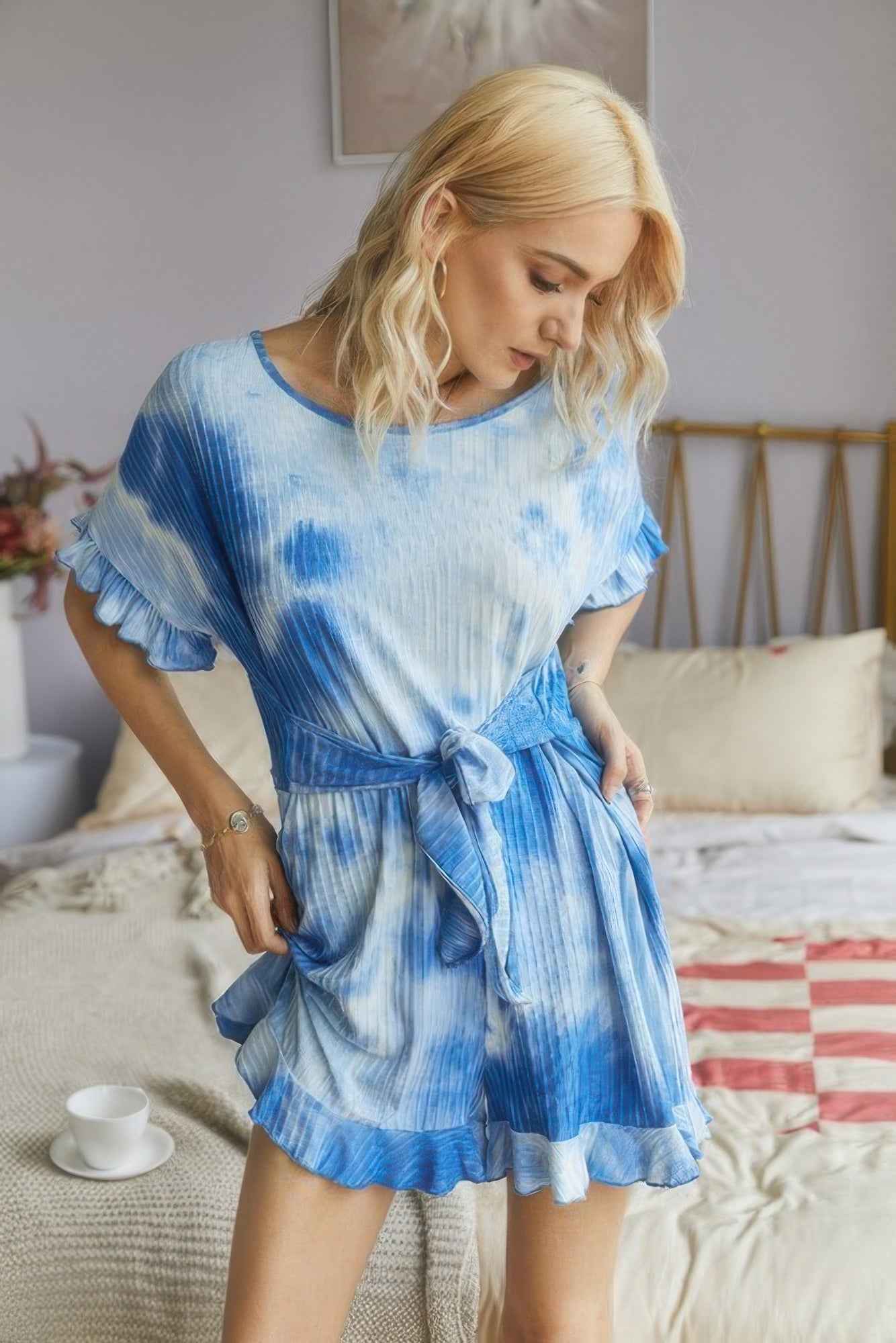 Tie Dye Ribbed Ruffle Tie Waist Pleated Romper