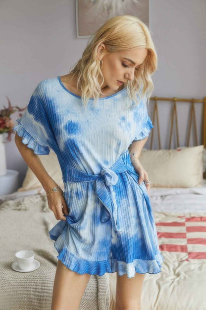 Tie Dye Ribbed Ruffle Tie Waist Pleated Romper