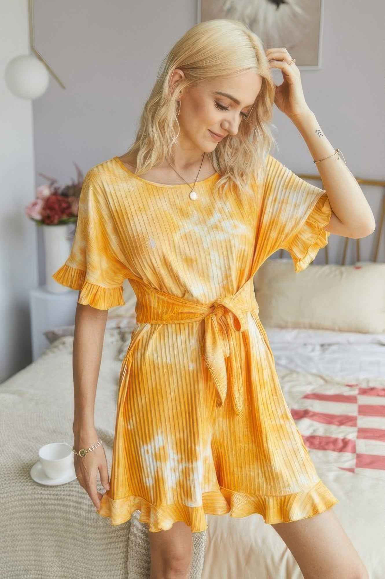 Tie Dye Ribbed Ruffle Tie Waist Pleated Romper