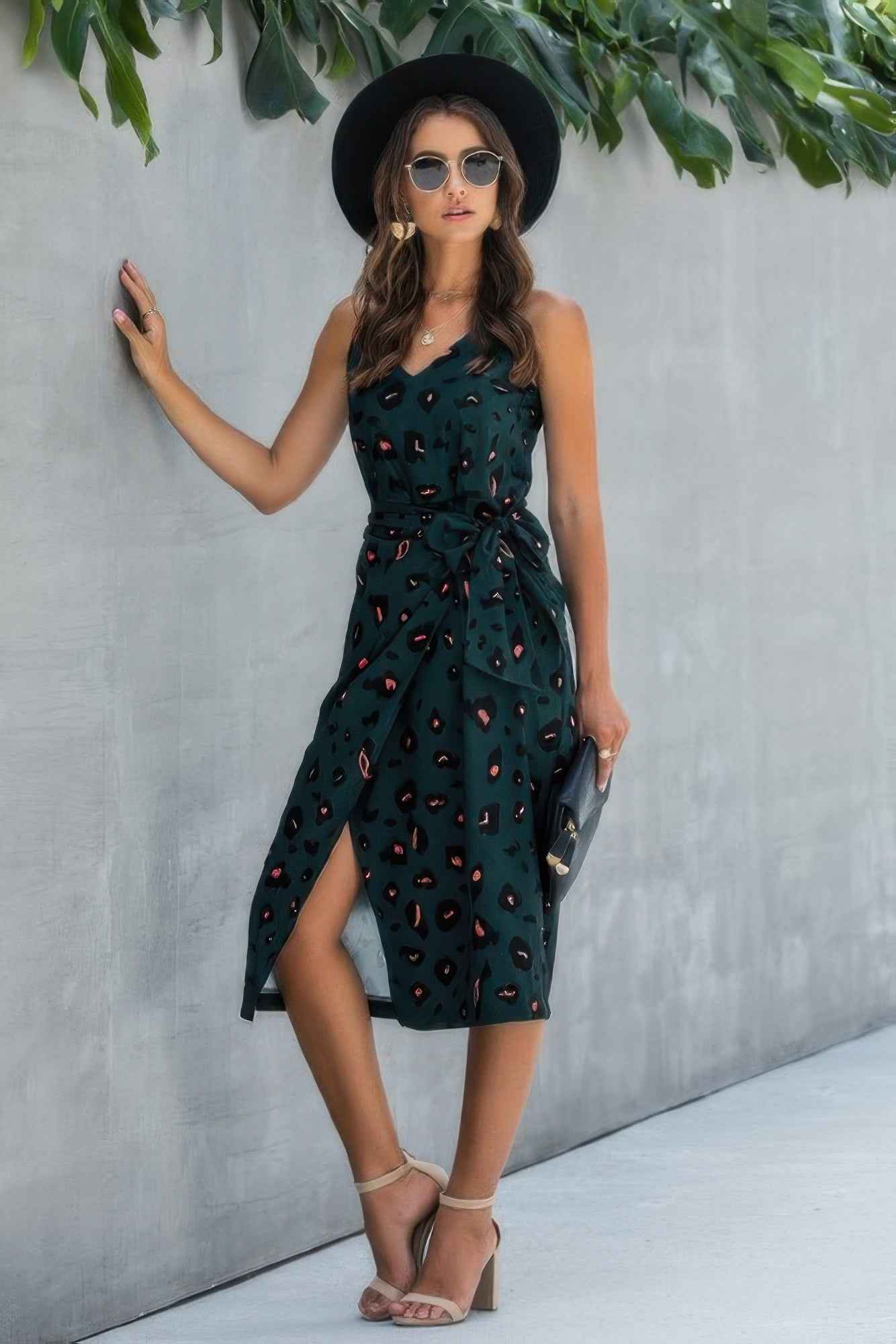 Sleeveless Print Split Thigh Belted Cami Dress