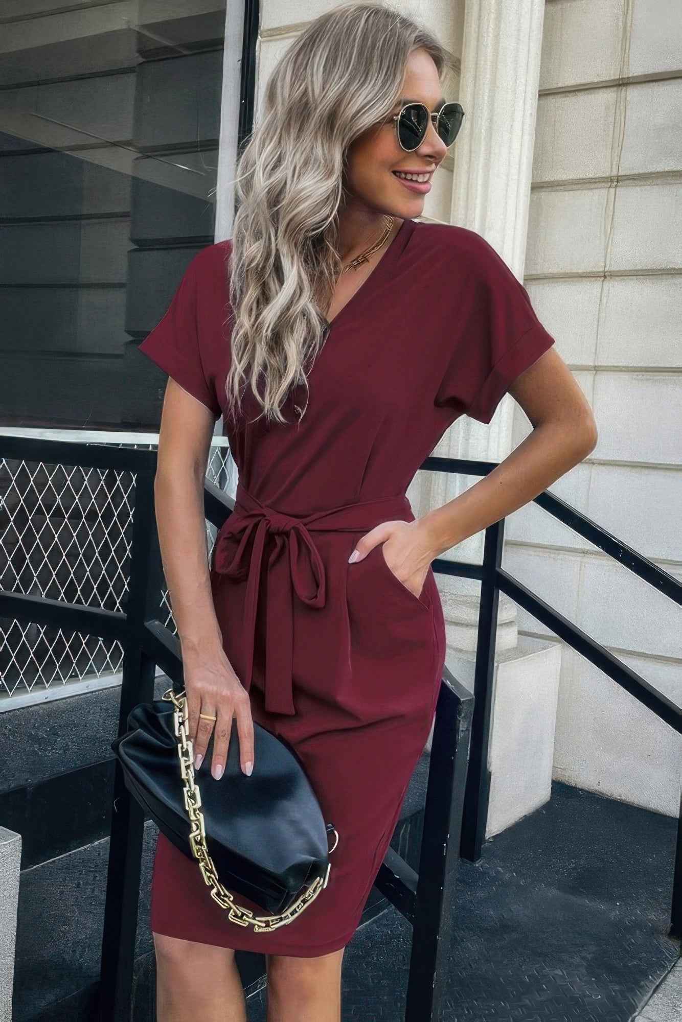 Solid Button Detail Cuffed Pocket Short Dress