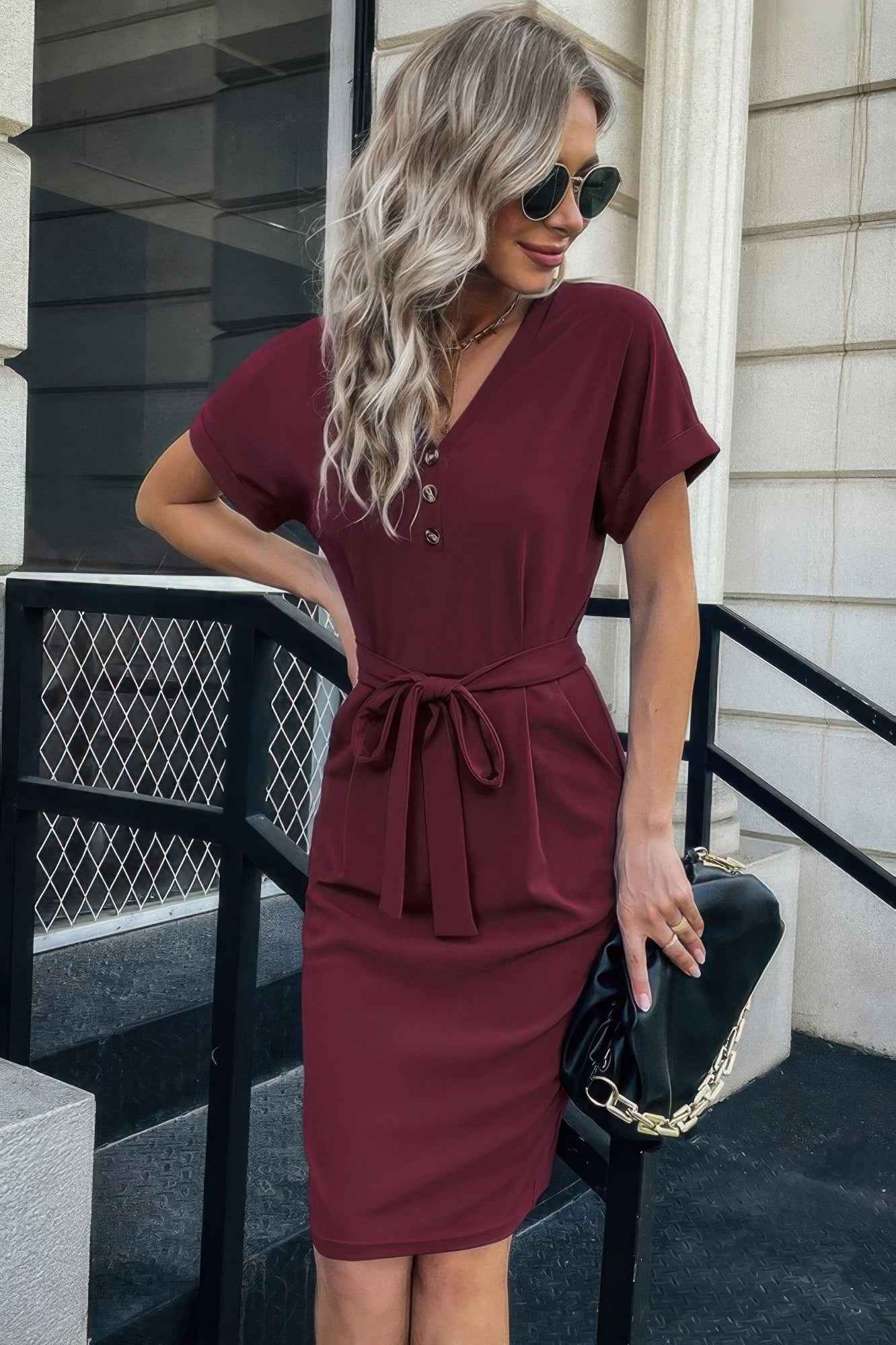 Solid Button Detail Cuffed Pocket Short Dress