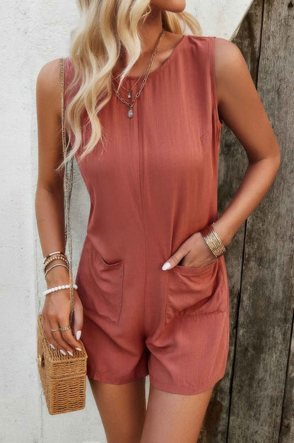 Solid Crewneck Sleeveless Loose Pockets Romper