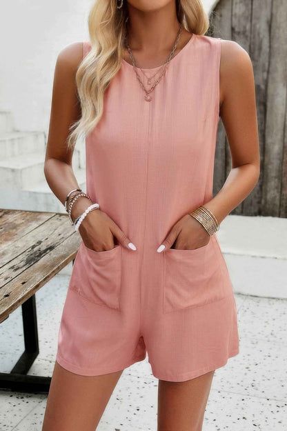 Solid Crewneck Sleeveless Loose Pockets Romper