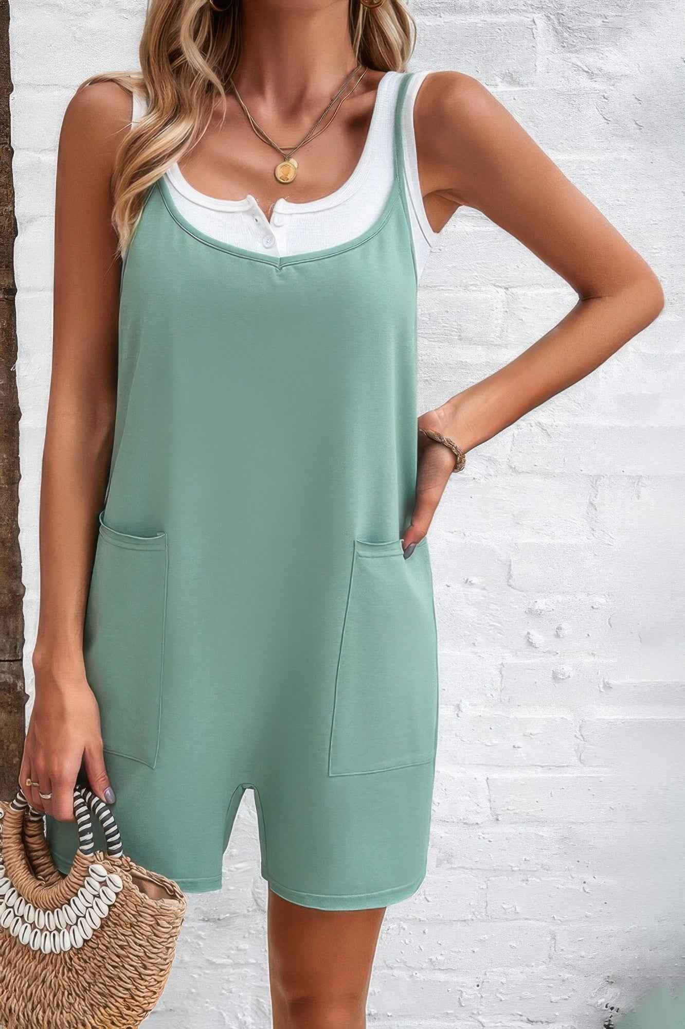 Scoop Neck Spaghetti Straps Loose Fit Solid Romper