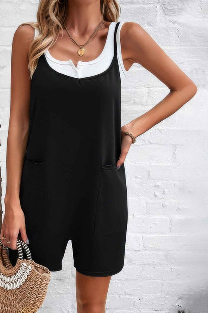 Scoop Neck Spaghetti Straps Loose Fit Solid Romper