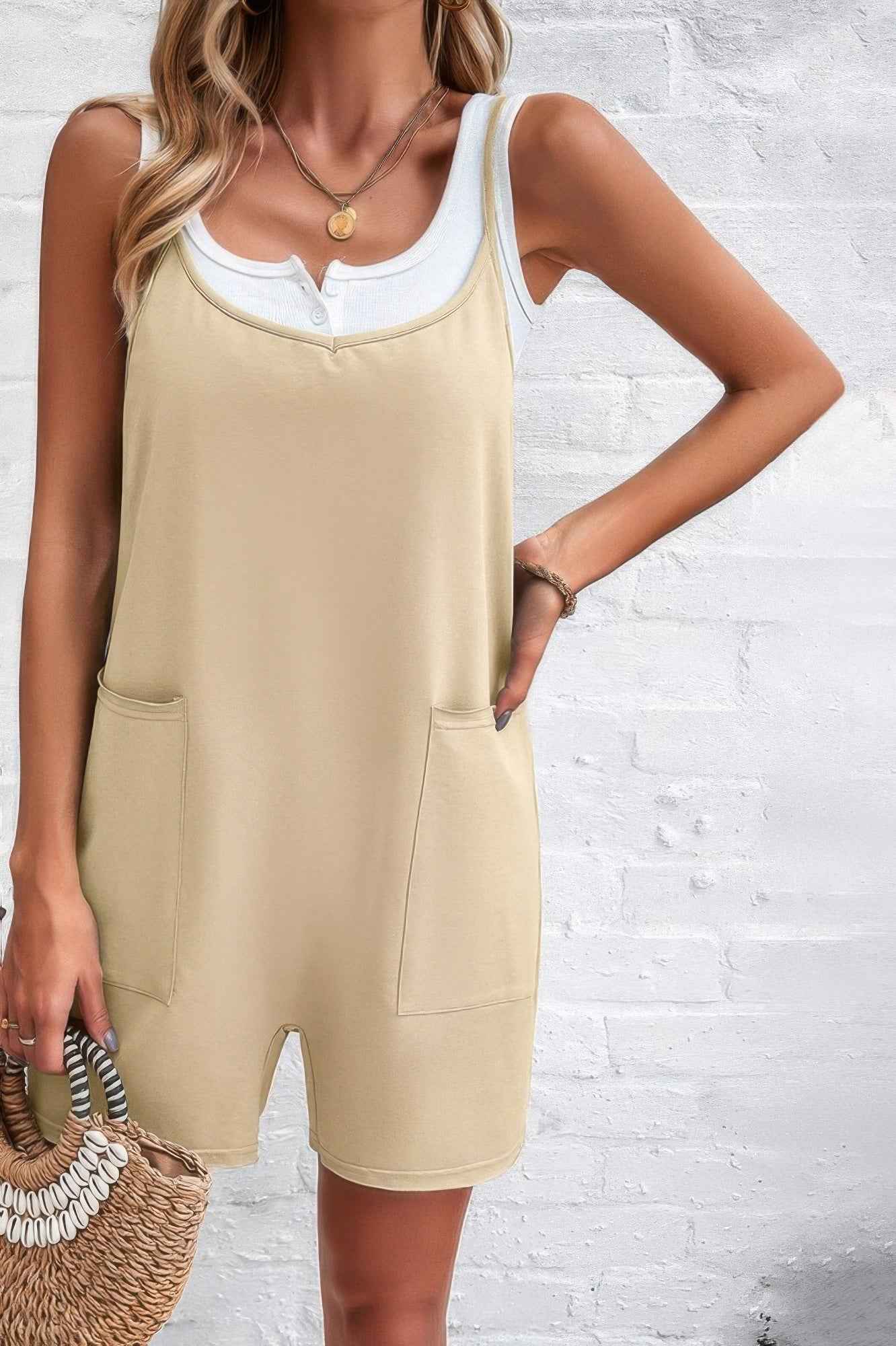 Scoop Neck Spaghetti Straps Loose Fit Solid Romper