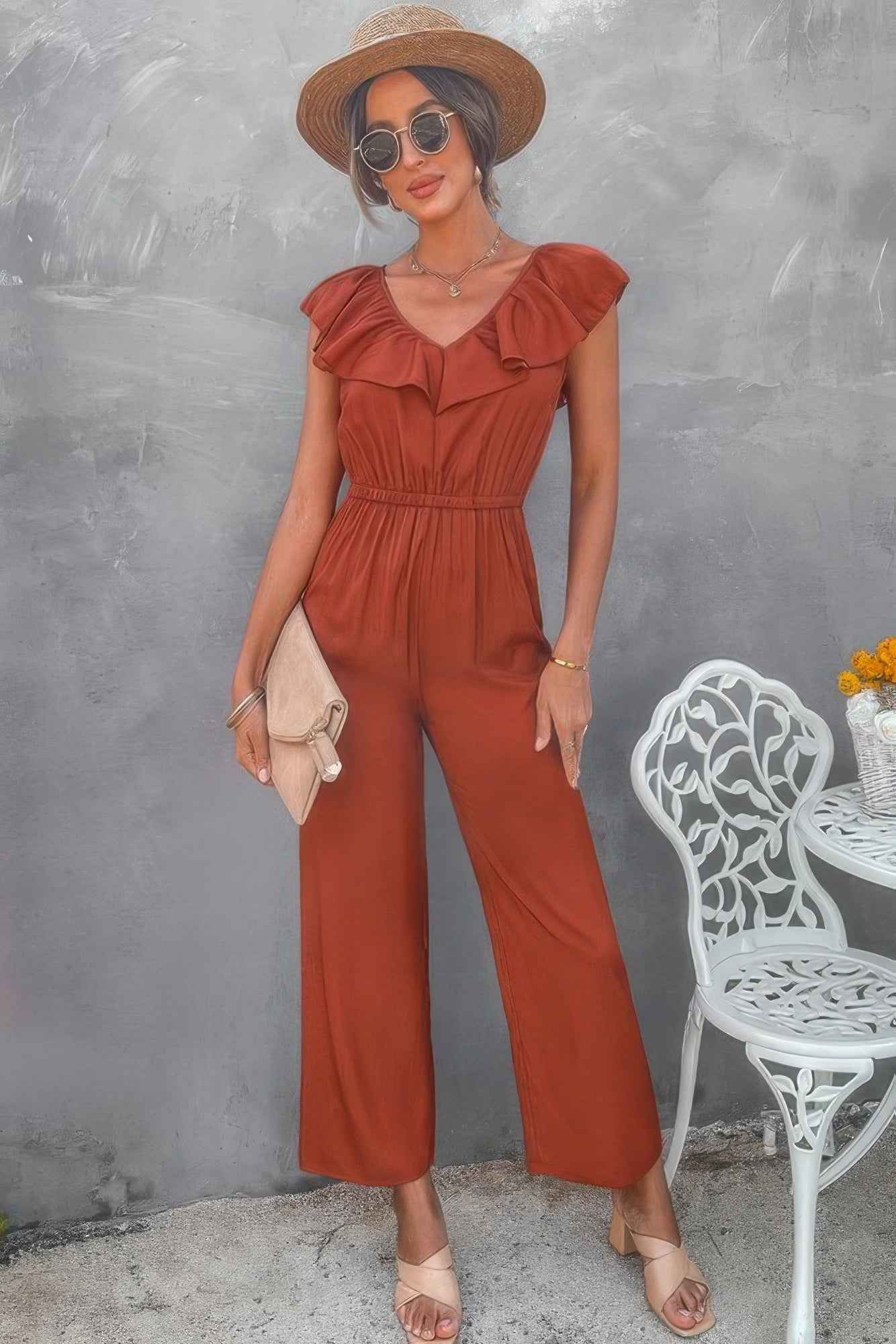 Solid Ruffle Trim V Neck Fit Jumpsuit