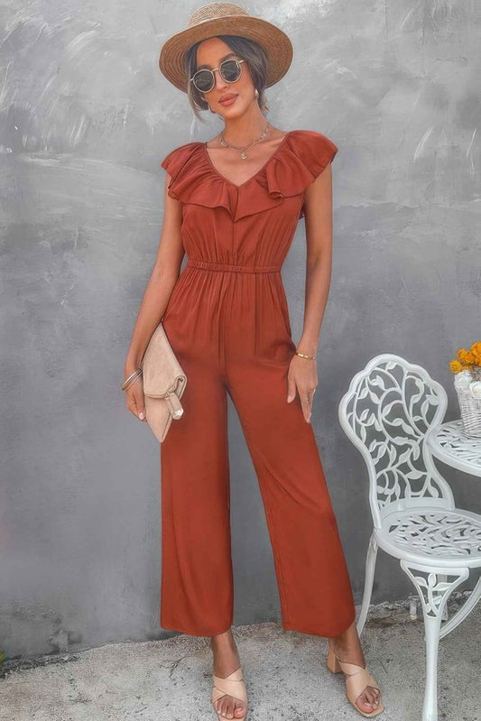 Solid Ruffle Trim V Neck Fit Jumpsuit