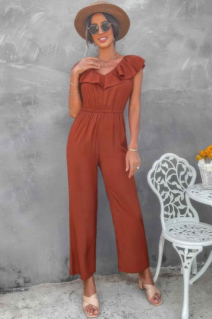 Solid Ruffle Trim V Neck Fit Jumpsuit