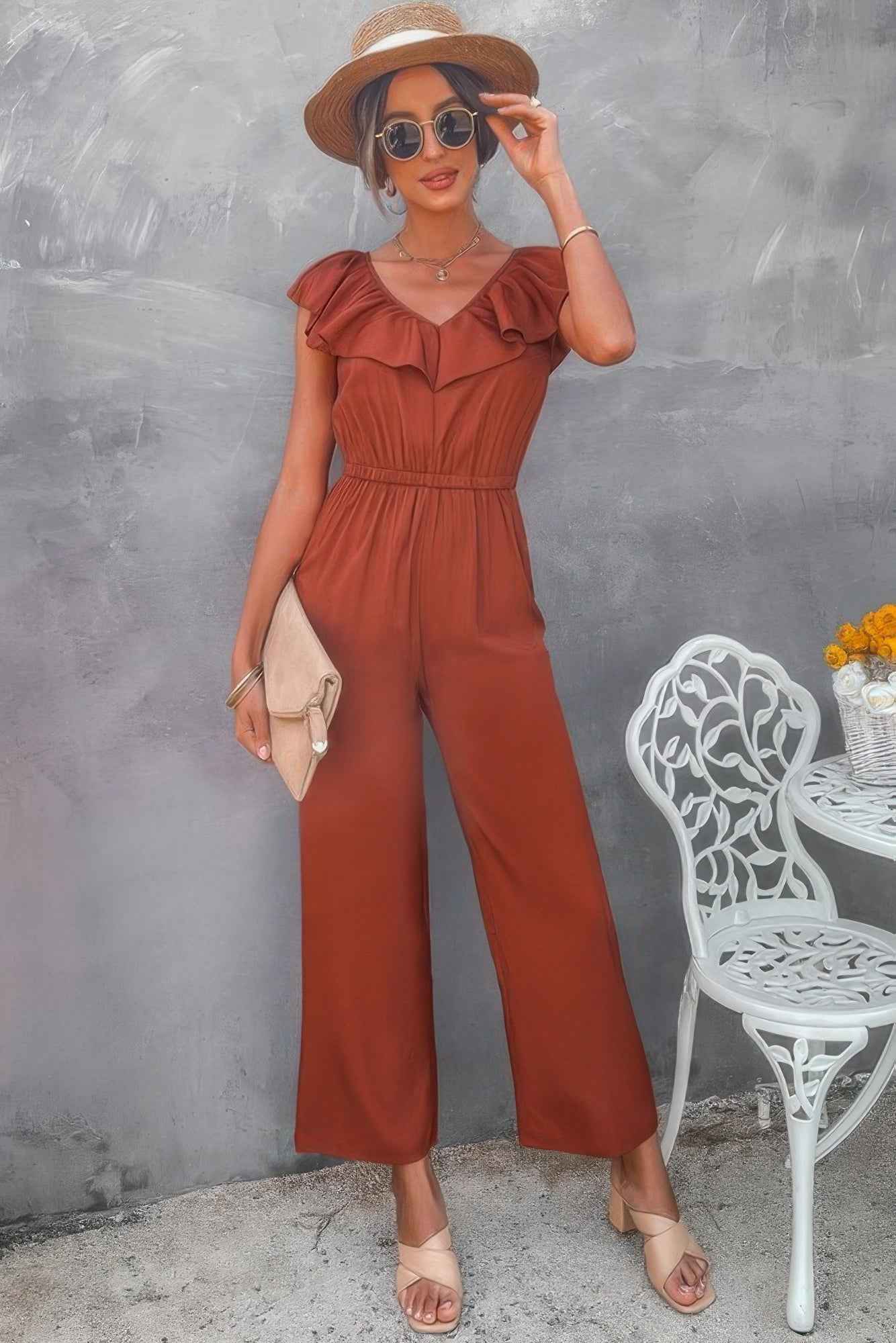 Solid Ruffle Trim V Neck Fit Jumpsuit