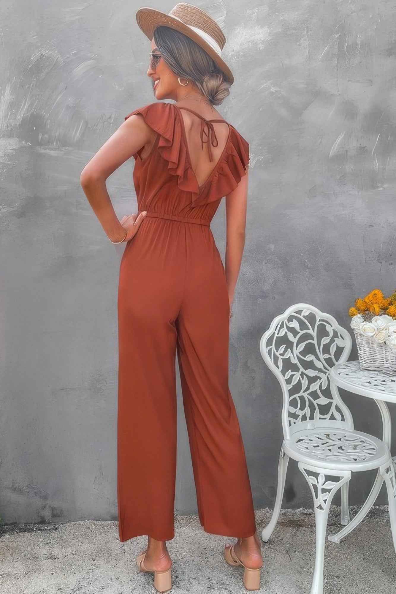 Solid Ruffle Trim V Neck Fit Jumpsuit