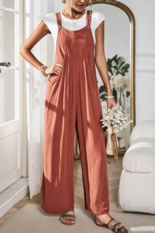 Button Detail Wide Leg Overall Pockets Jumpsuit