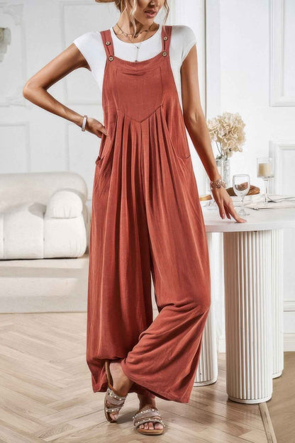 Button Detail Wide Leg Overall Pockets Jumpsuit