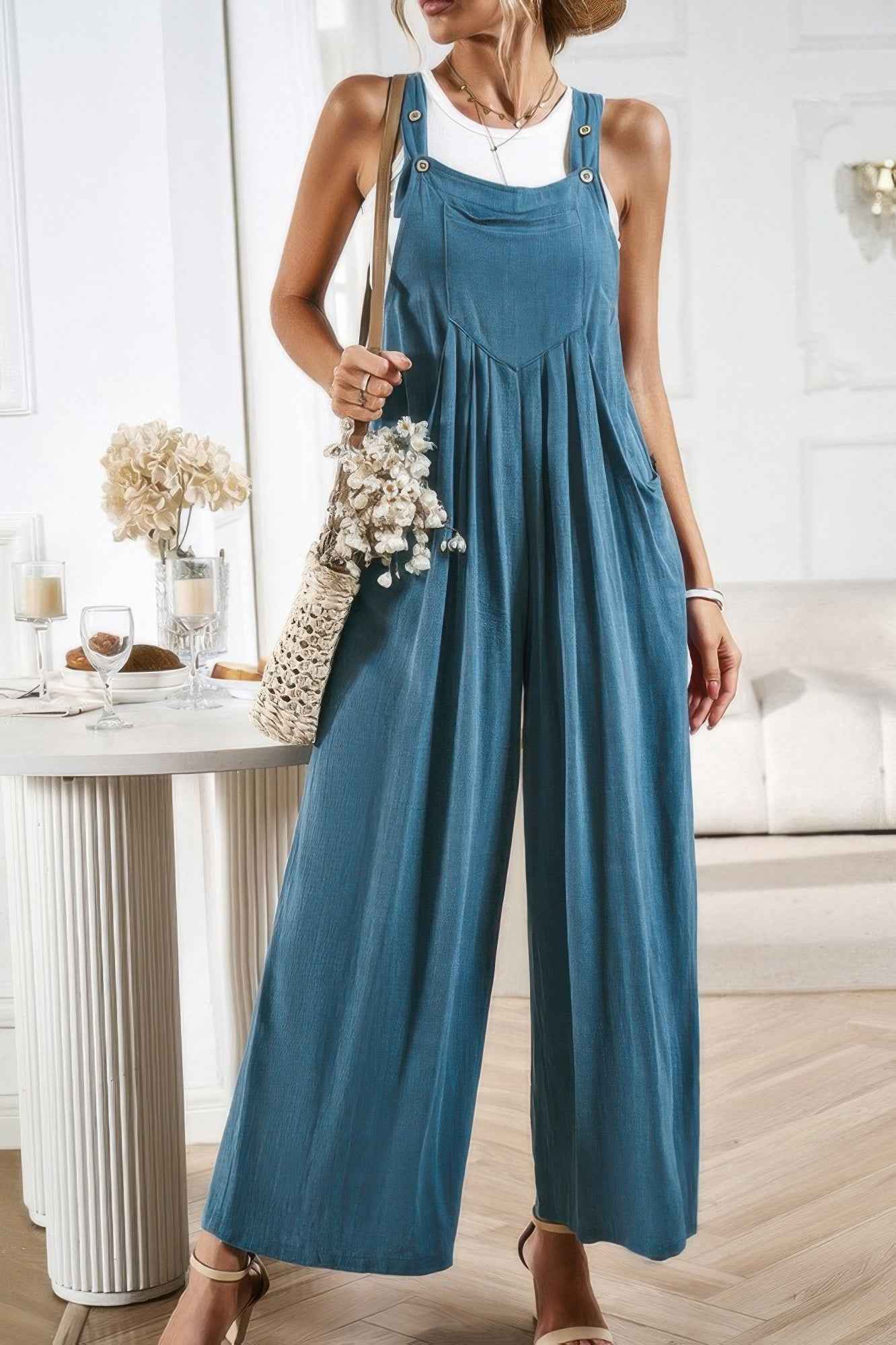 Button Detail Wide Leg Overall Pockets Jumpsuit
