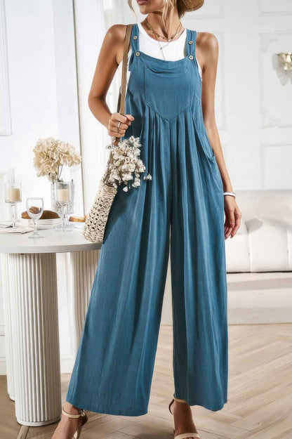 Button Detail Wide Leg Overall Pockets Jumpsuit