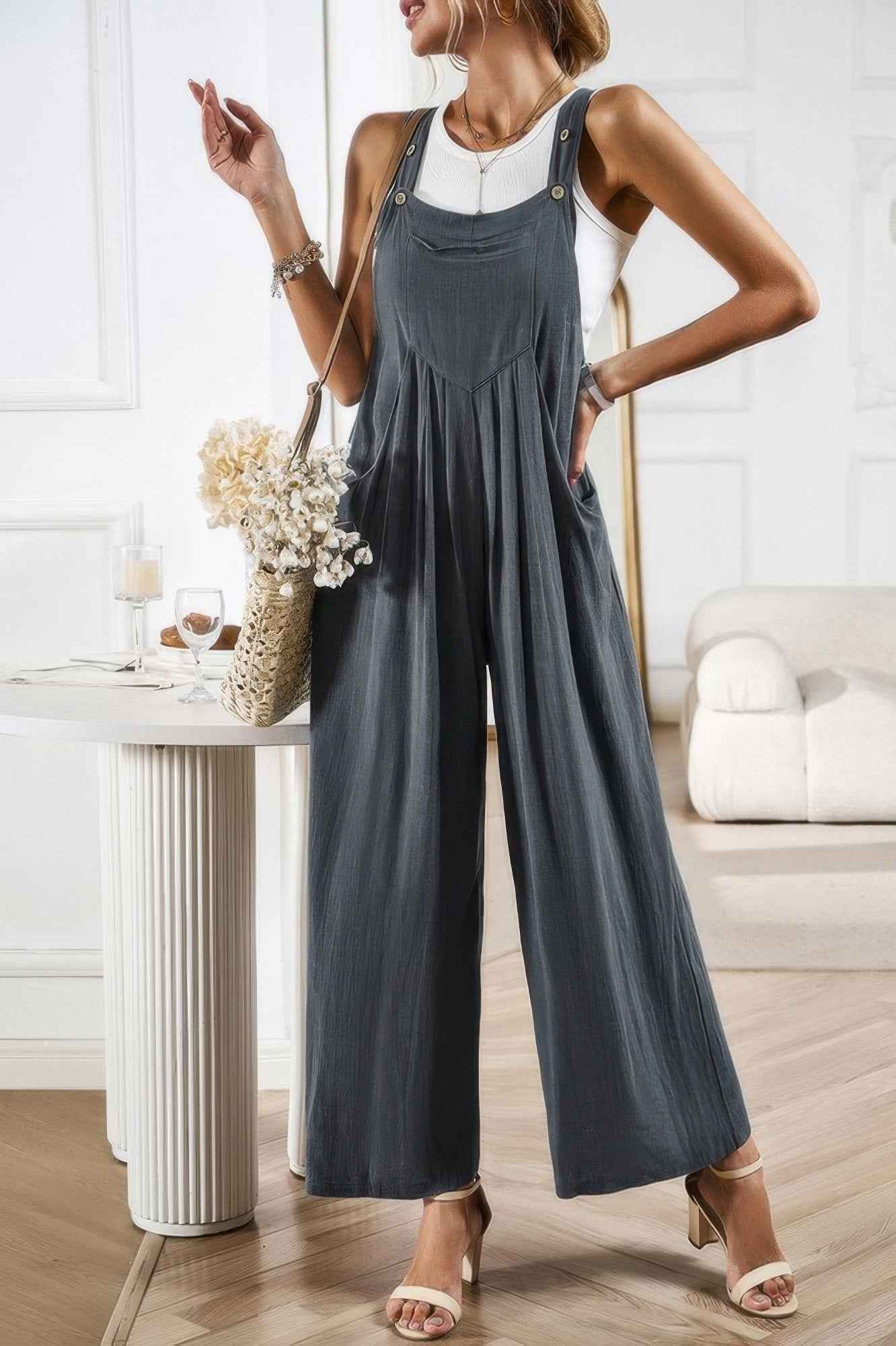 Button Detail Wide Leg Overall Pockets Jumpsuit