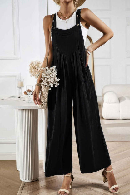 Button Detail Wide Leg Overall Pockets Jumpsuit
