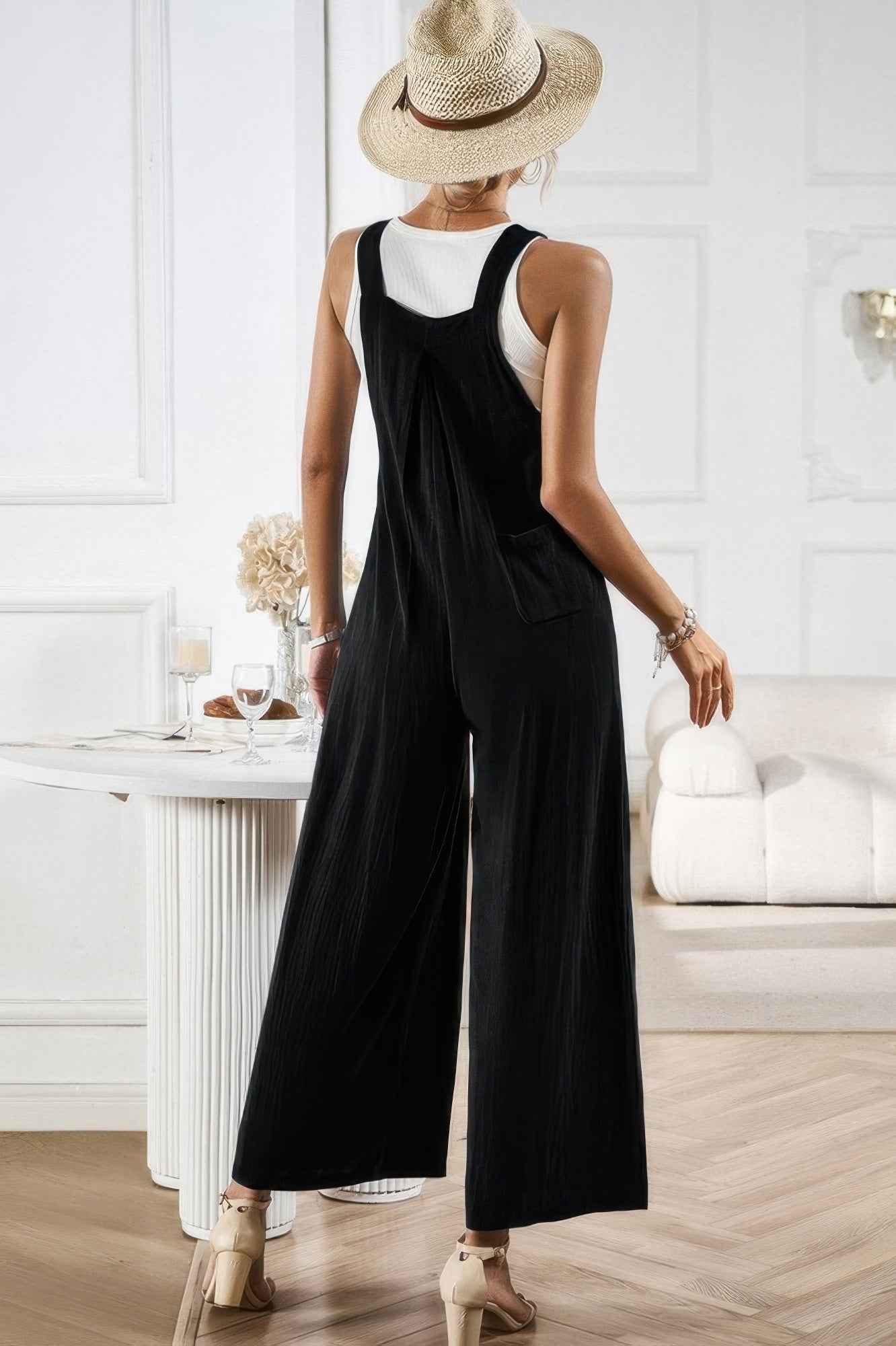 Button Detail Wide Leg Overall Pockets Jumpsuit
