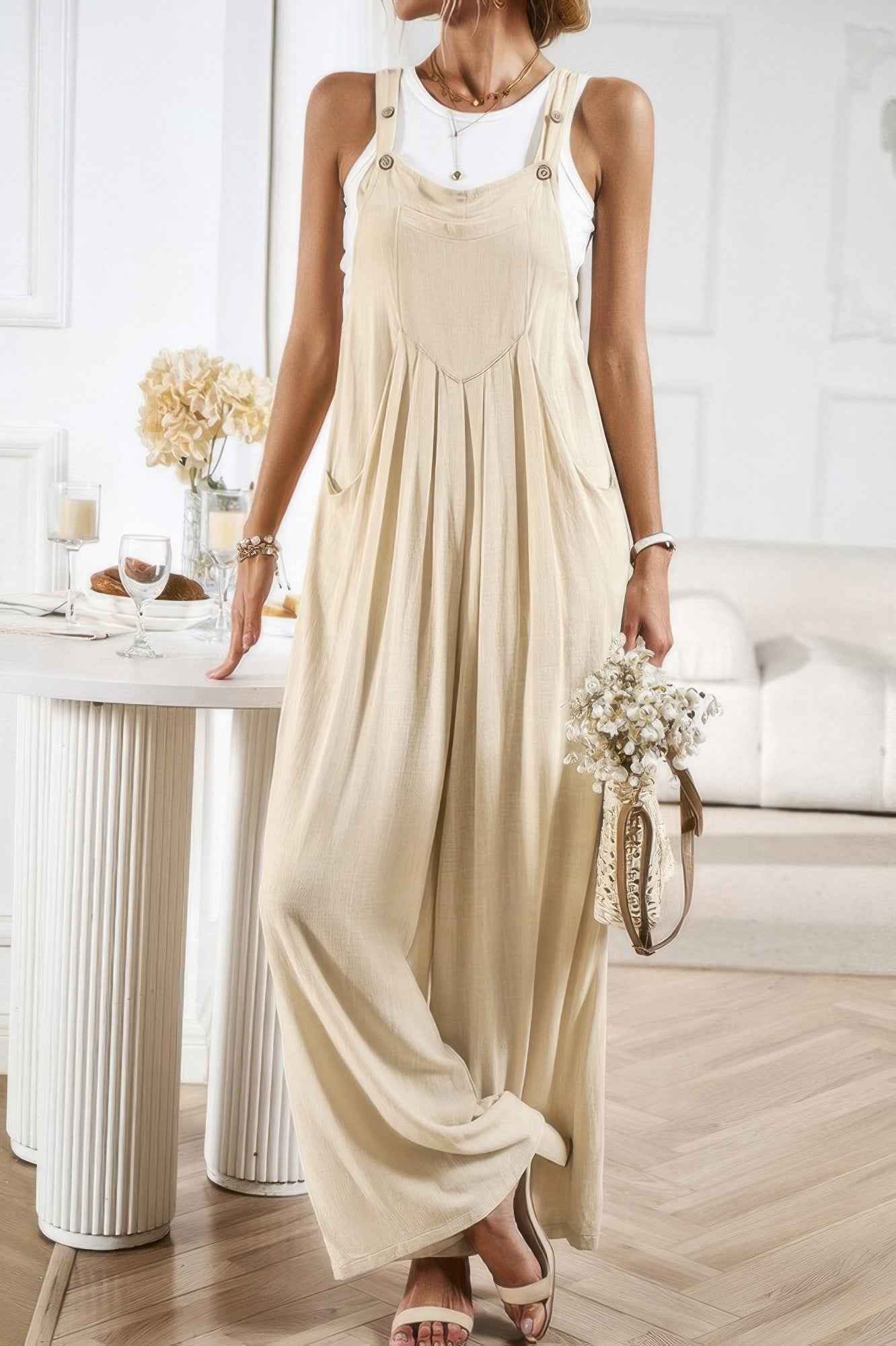 Button Detail Wide Leg Overall Pockets Jumpsuit