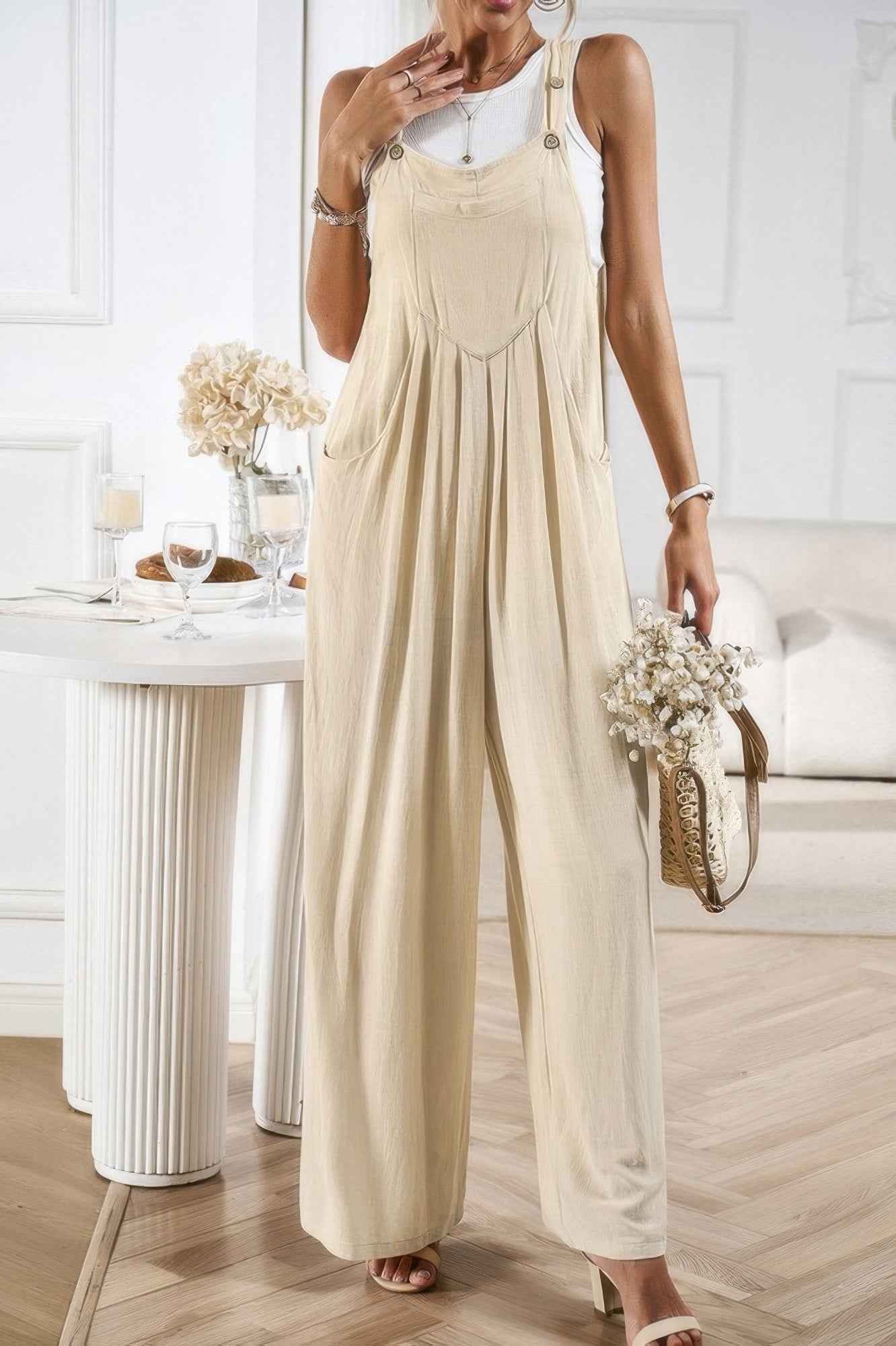Button Detail Wide Leg Overall Pockets Jumpsuit
