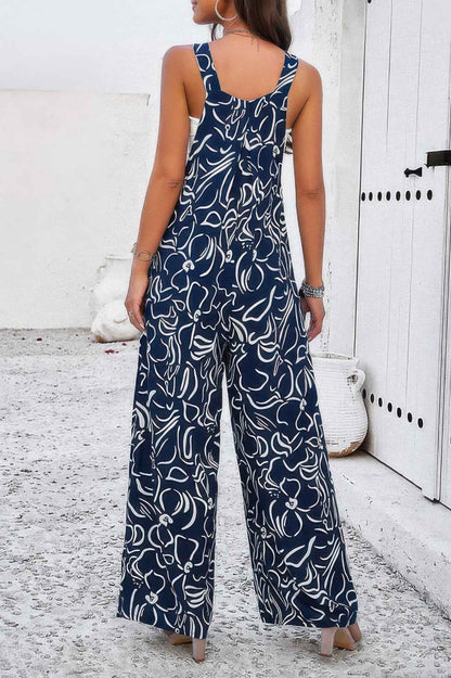 Geo Print Smocked Sleeveless Pockets Jumpsuit