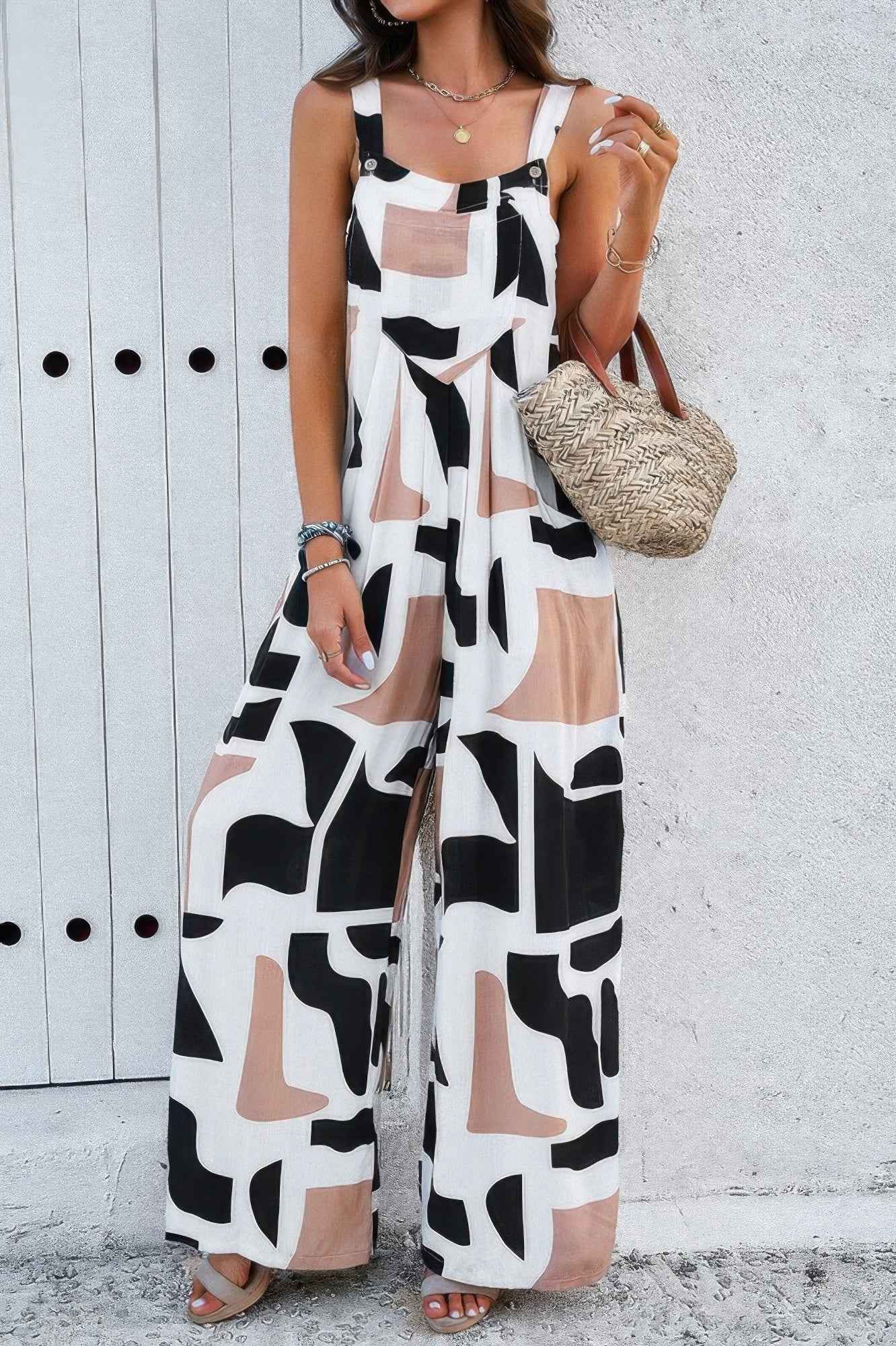 Geo Print Smocked Sleeveless Pockets Jumpsuit