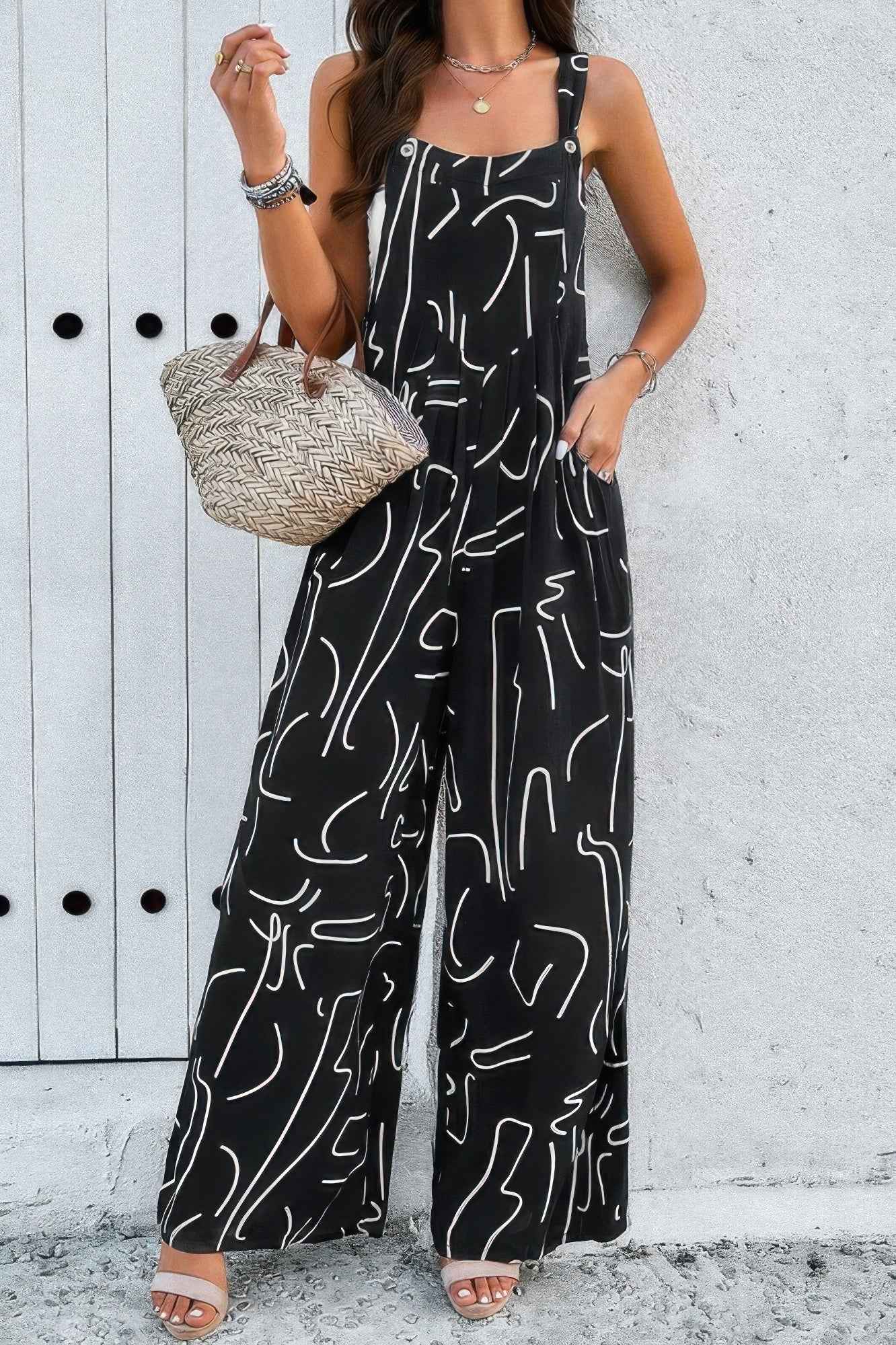 Geo Print Smocked Sleeveless Pockets Jumpsuit