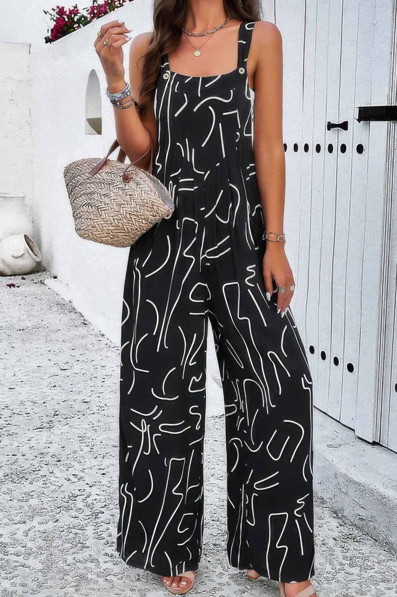 Geo Print Smocked Sleeveless Pockets Jumpsuit