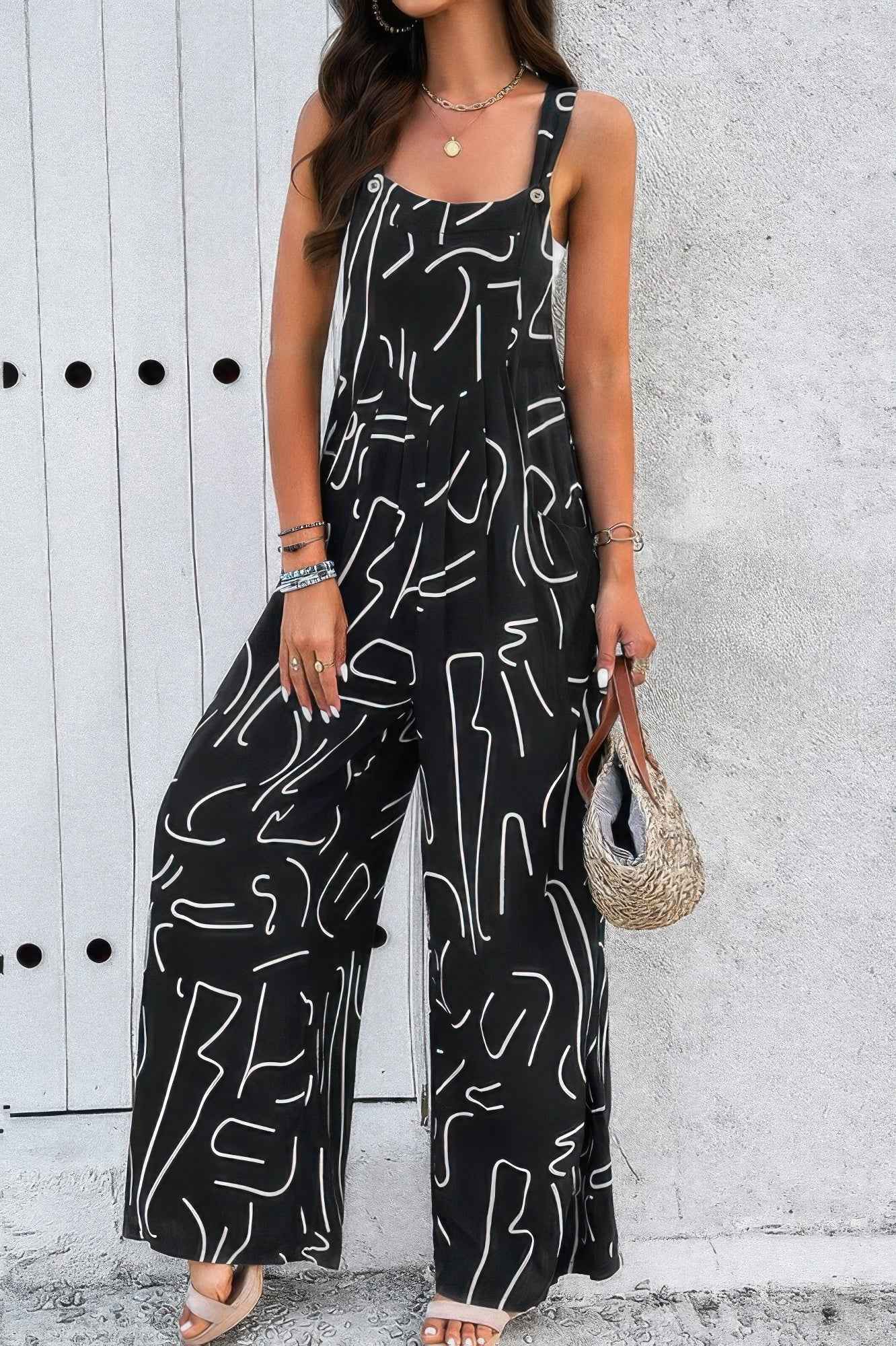 Geo Print Smocked Sleeveless Pockets Jumpsuit