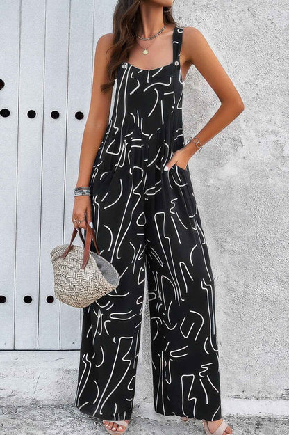 Geo Print Smocked Sleeveless Pockets Jumpsuit