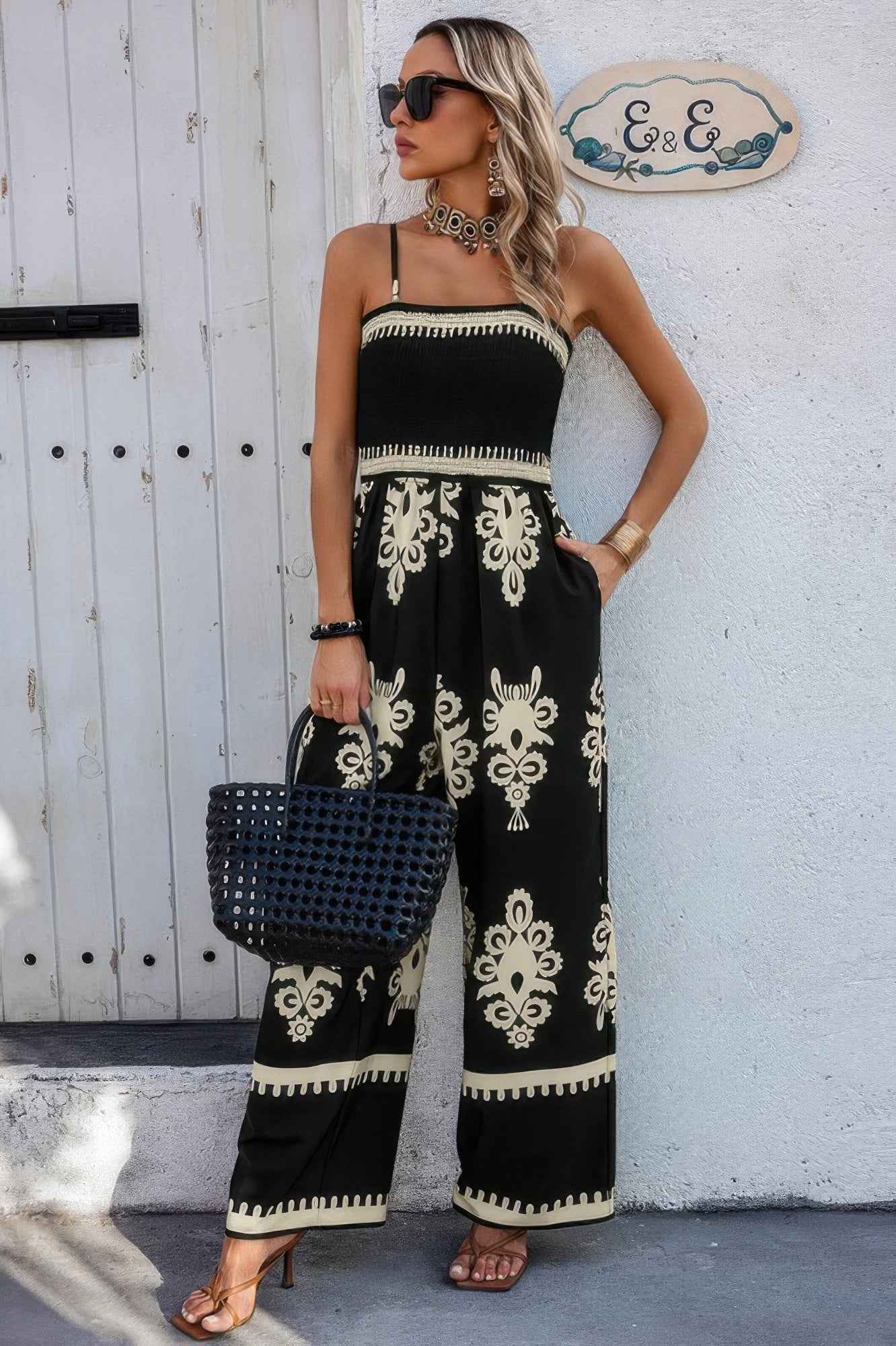 Geo Print Off Shoulder High Waist Fit Jumpsuit