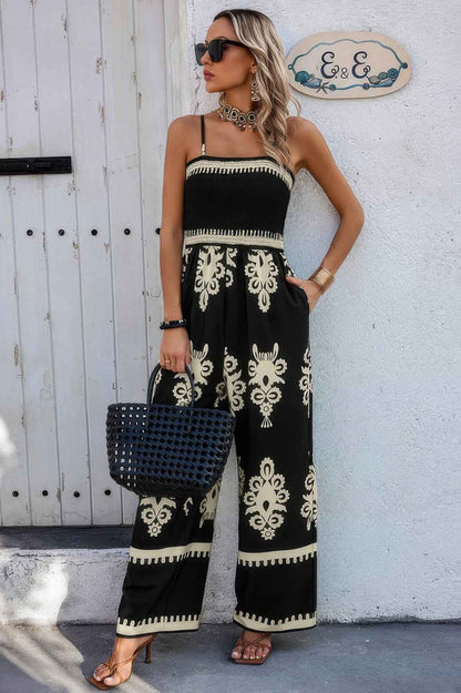 Geo Print Off Shoulder High Waist Fit Jumpsuit