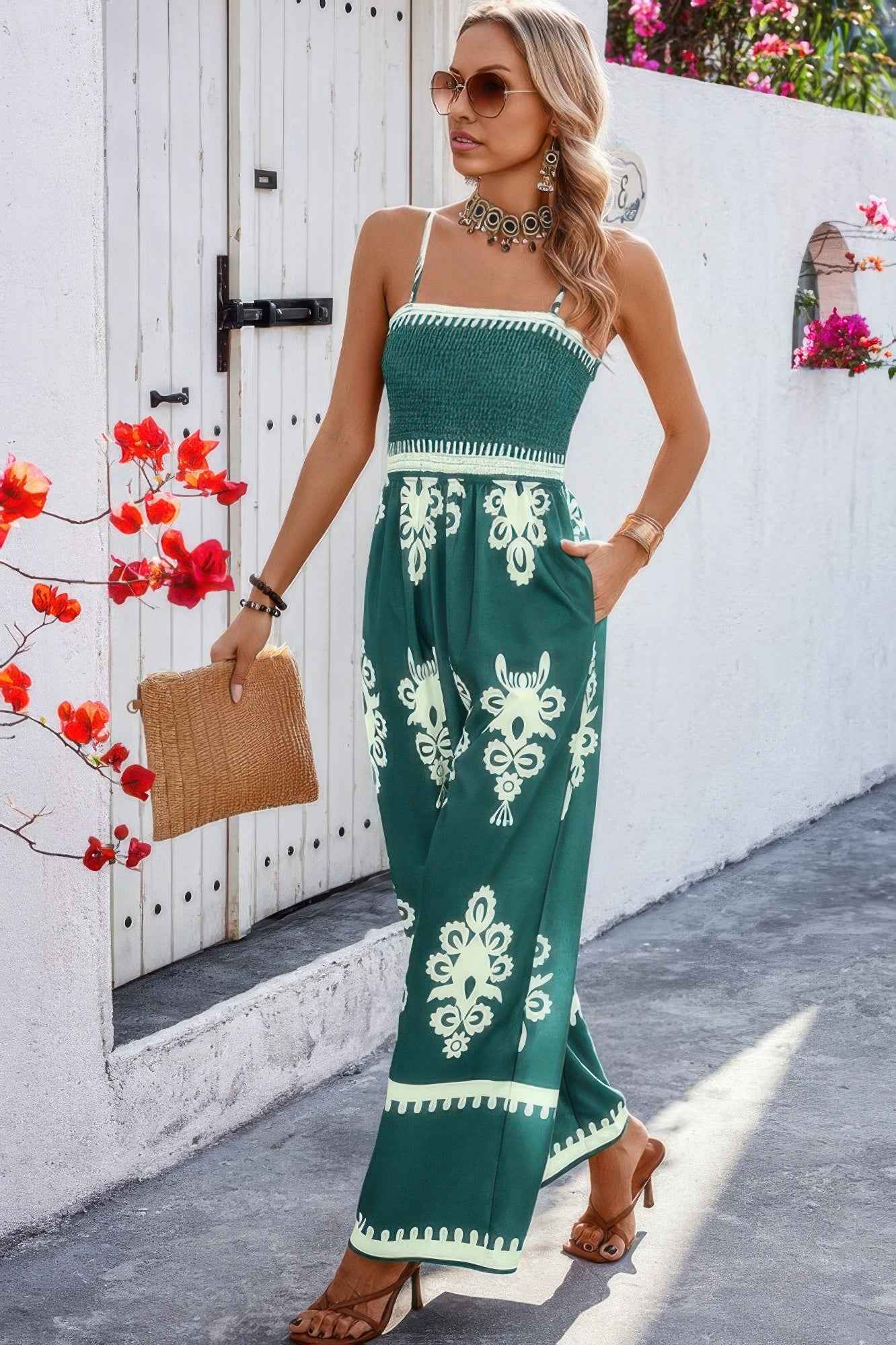 Geo Print Off Shoulder High Waist Fit Jumpsuit