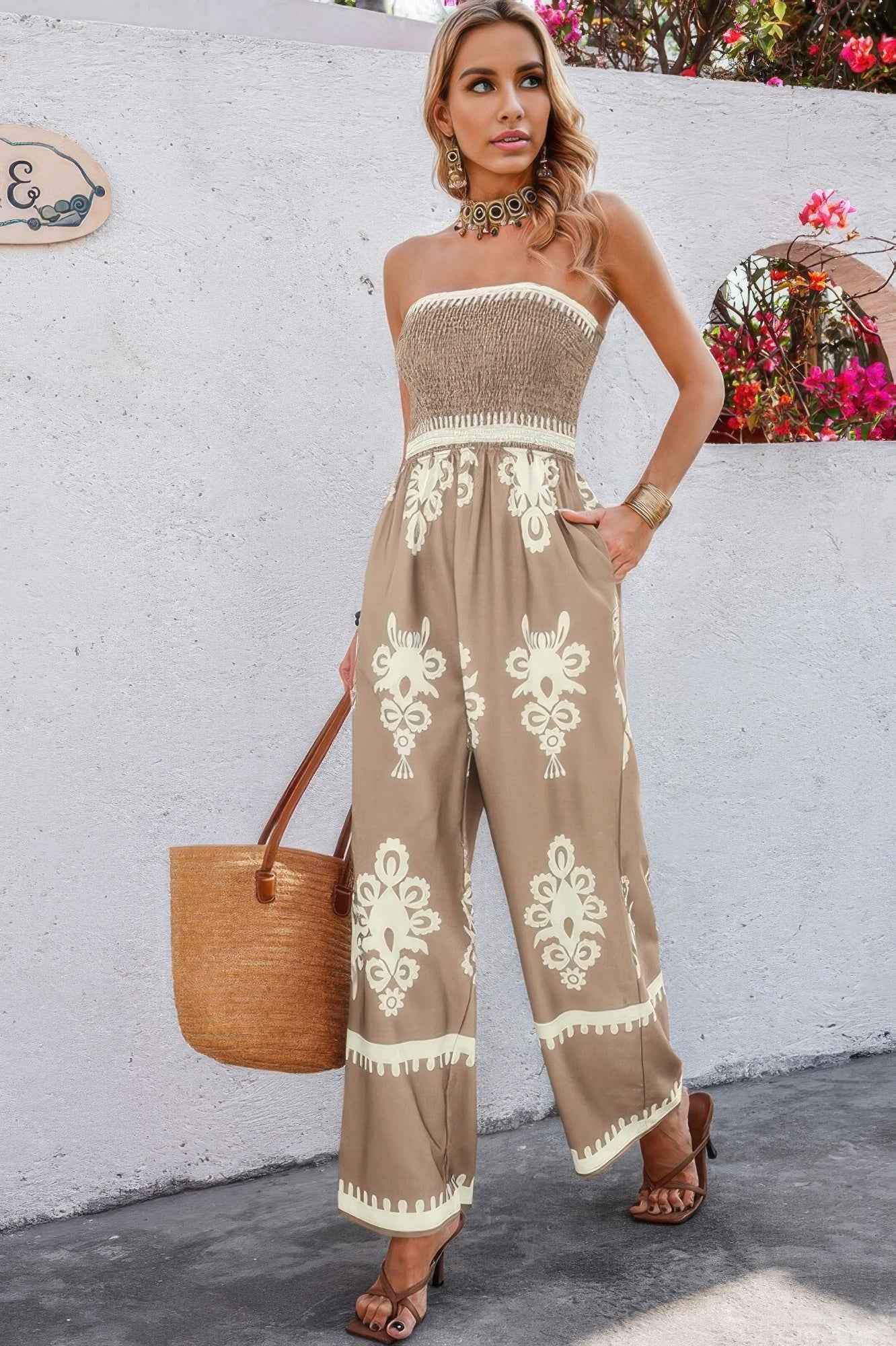 Geo Print Off Shoulder High Waist Fit Jumpsuit