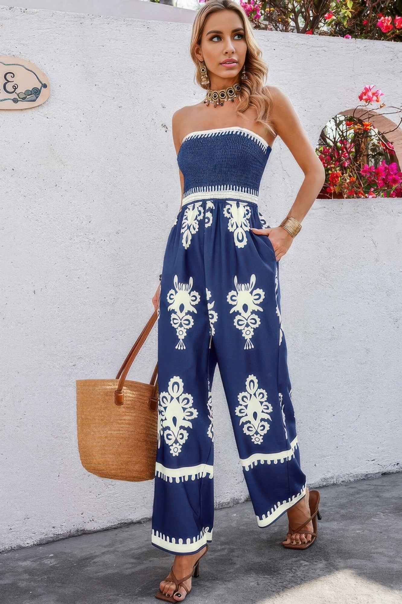 Geo Print Off Shoulder High Waist Fit Jumpsuit