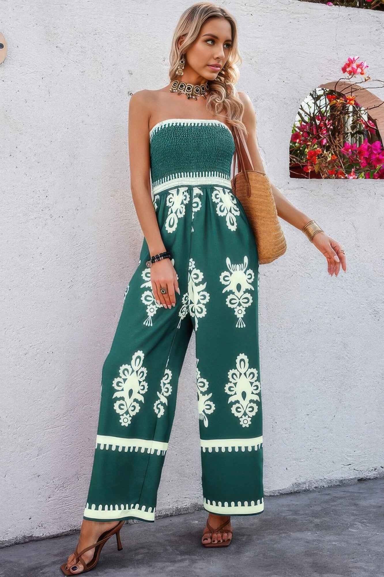 Geo Print Off Shoulder High Waist Fit Jumpsuit