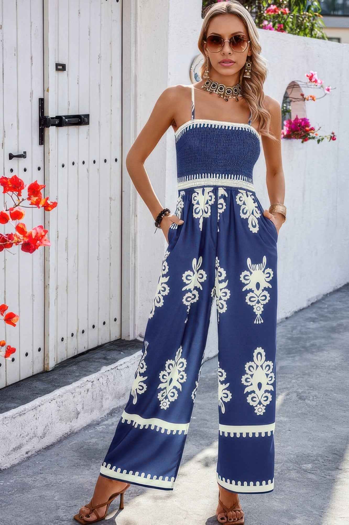 Geo Print Off Shoulder High Waist Fit Jumpsuit