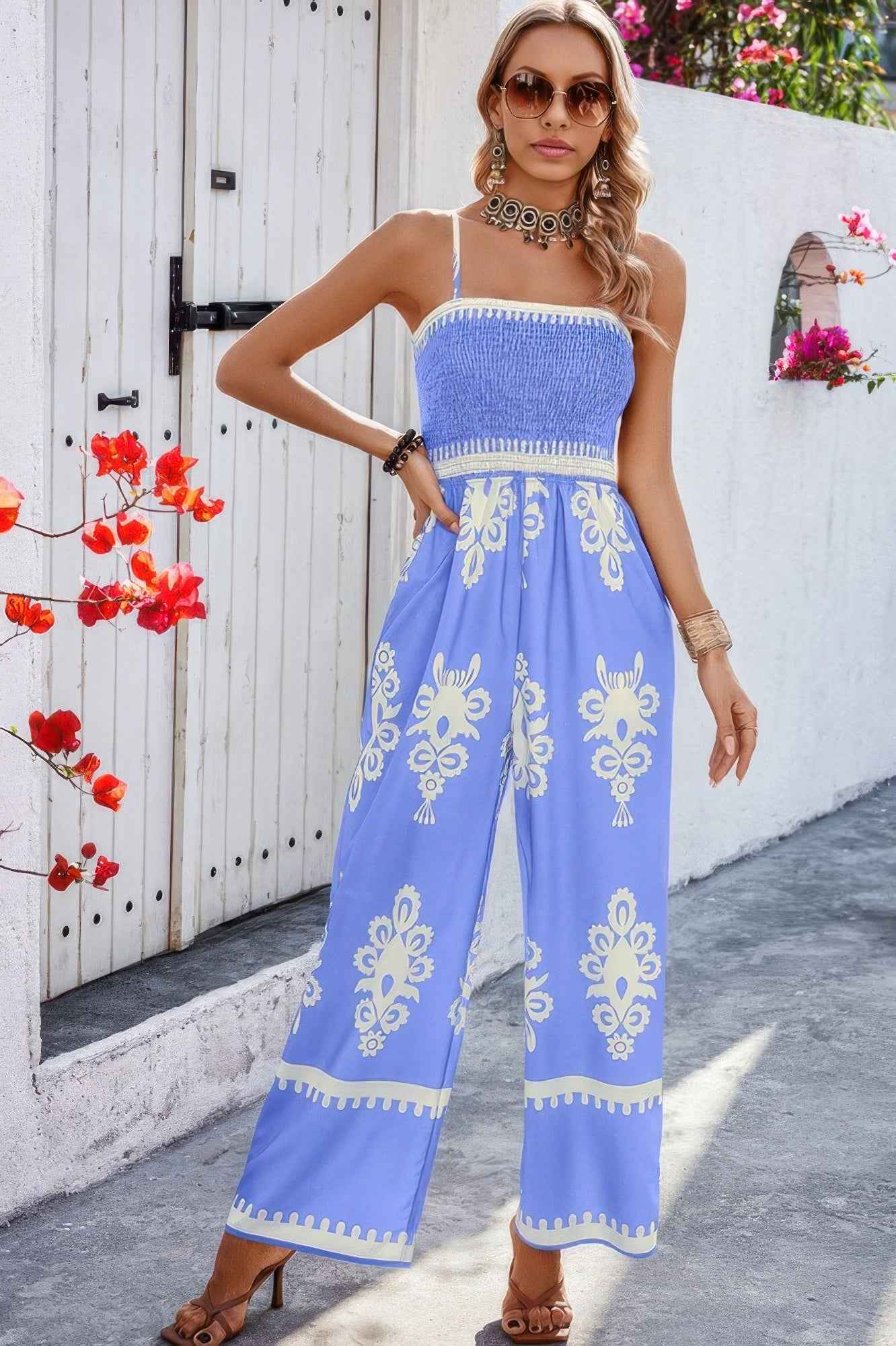 Geo Print Off Shoulder High Waist Fit Jumpsuit