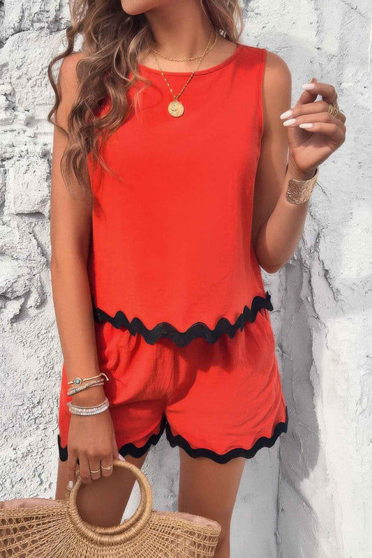 Two Pieces Printed Sleeveless Pockets Shorts Sets