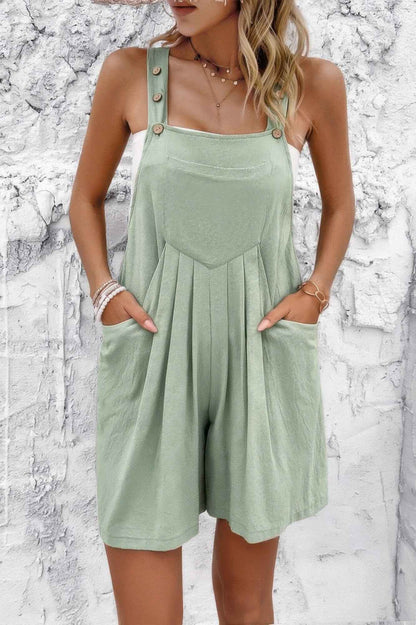 Square Neck Pockets Button Tirm Ruched Romper