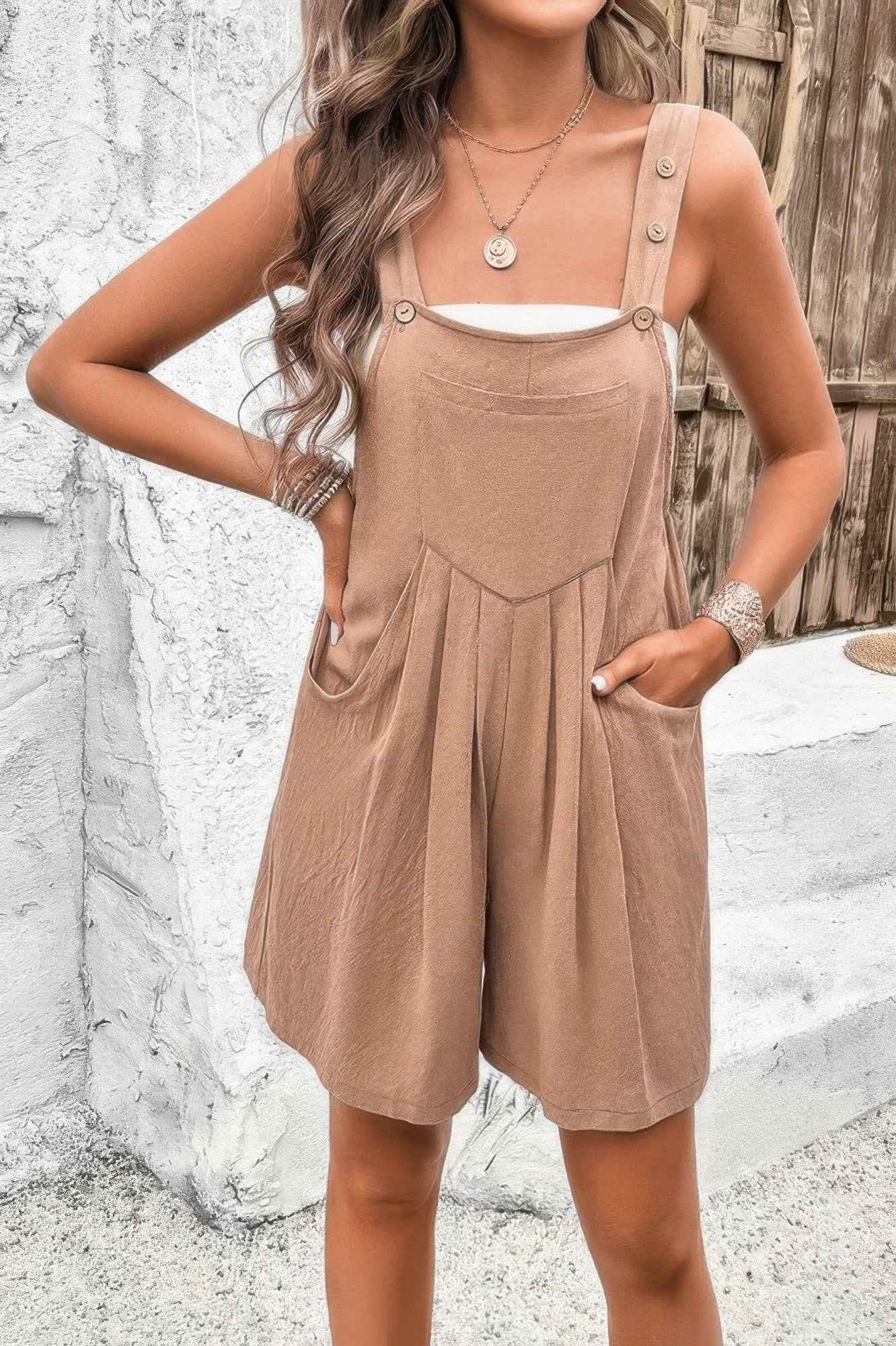 Square Neck Pockets Button Tirm Ruched Romper