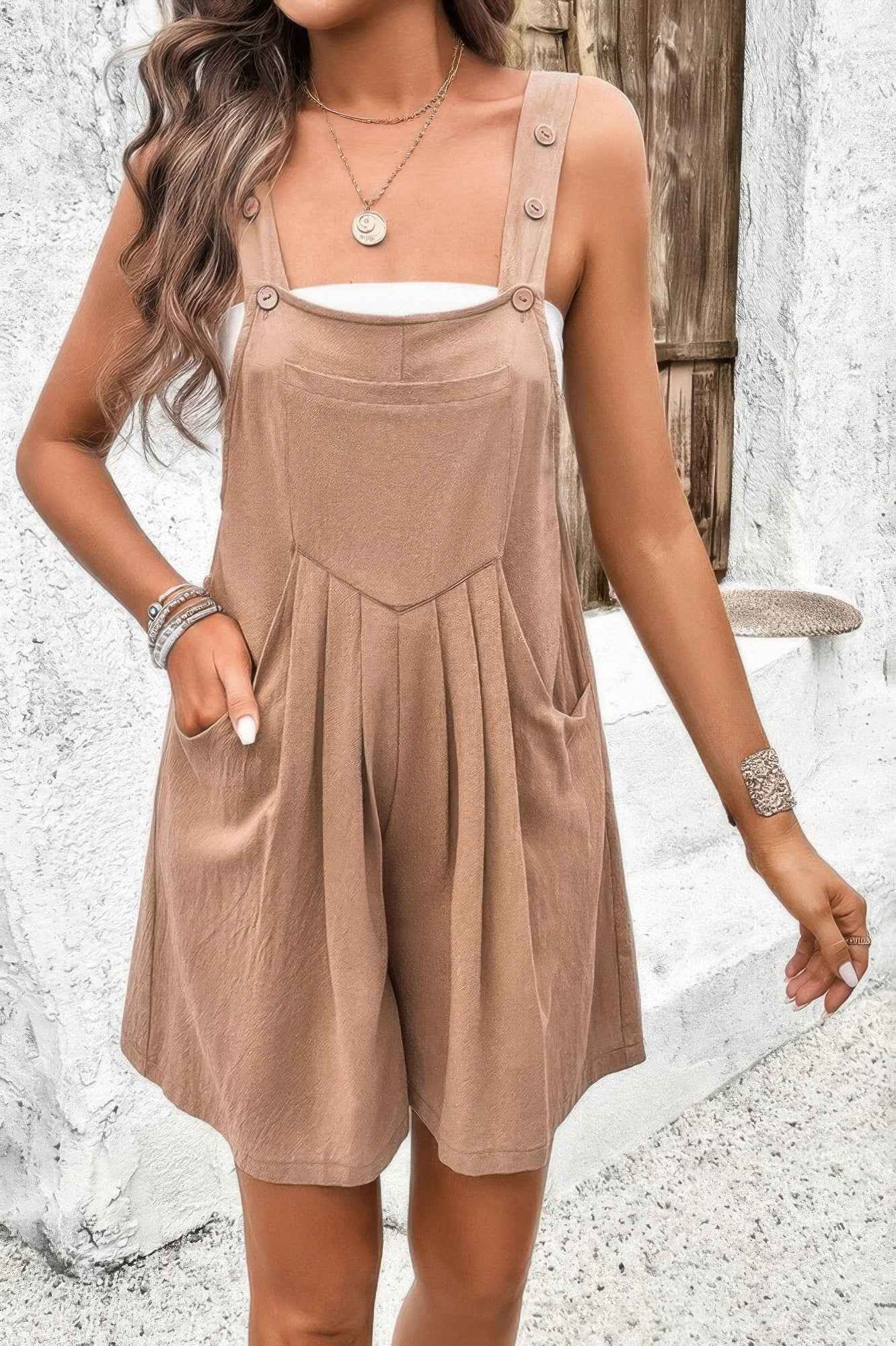 Square Neck Pockets Button Tirm Ruched Romper