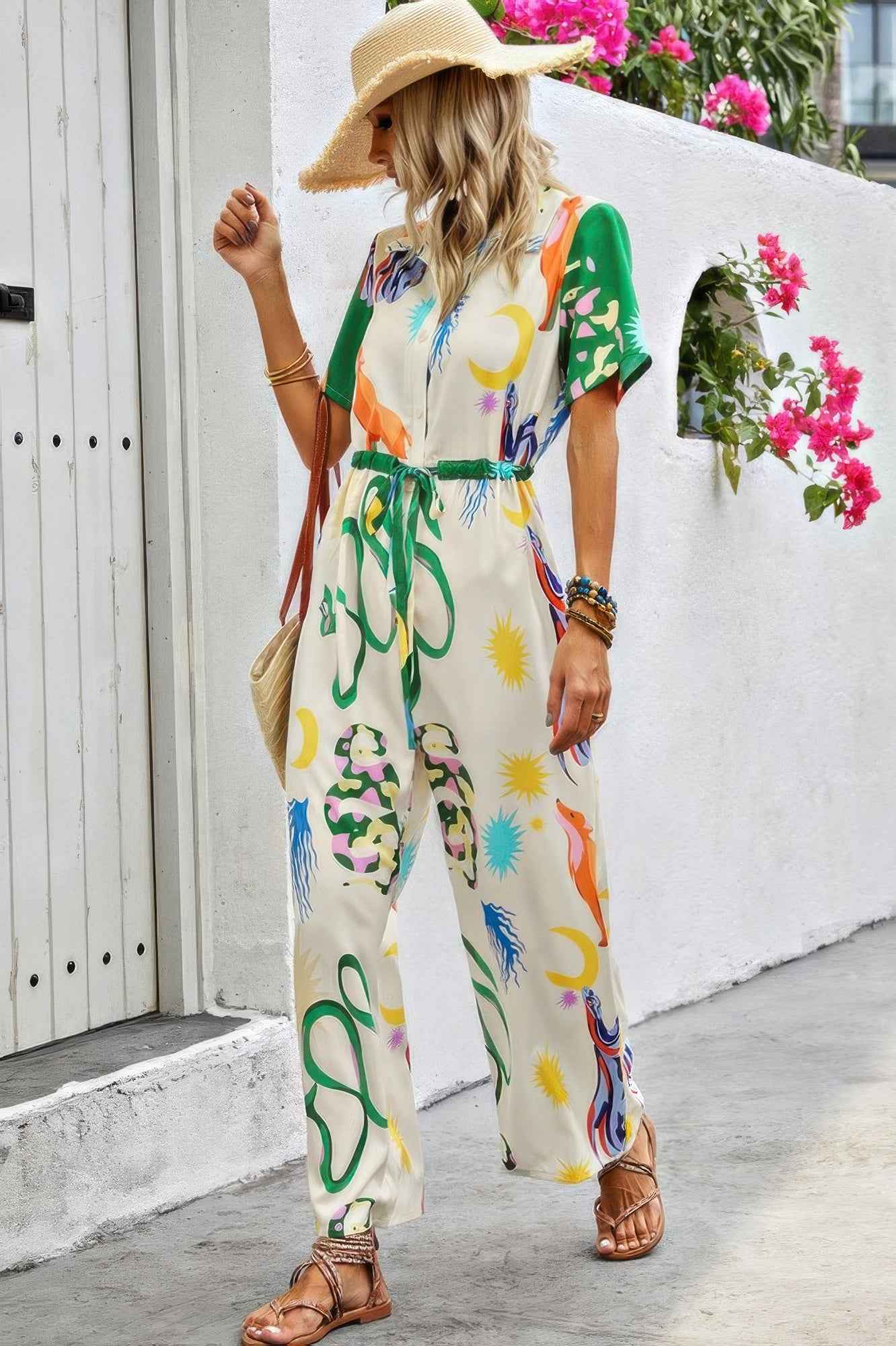 Allover Print Button Up Belt Jumpsuit