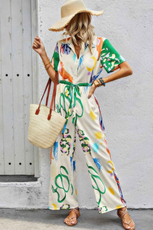 Allover Print Button Up Belt Jumpsuit