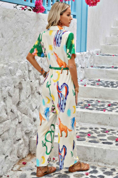 Allover Print Button Up Belt Jumpsuit