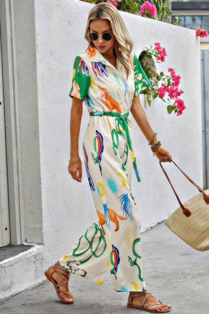 Allover Print Button Up Belt Jumpsuit