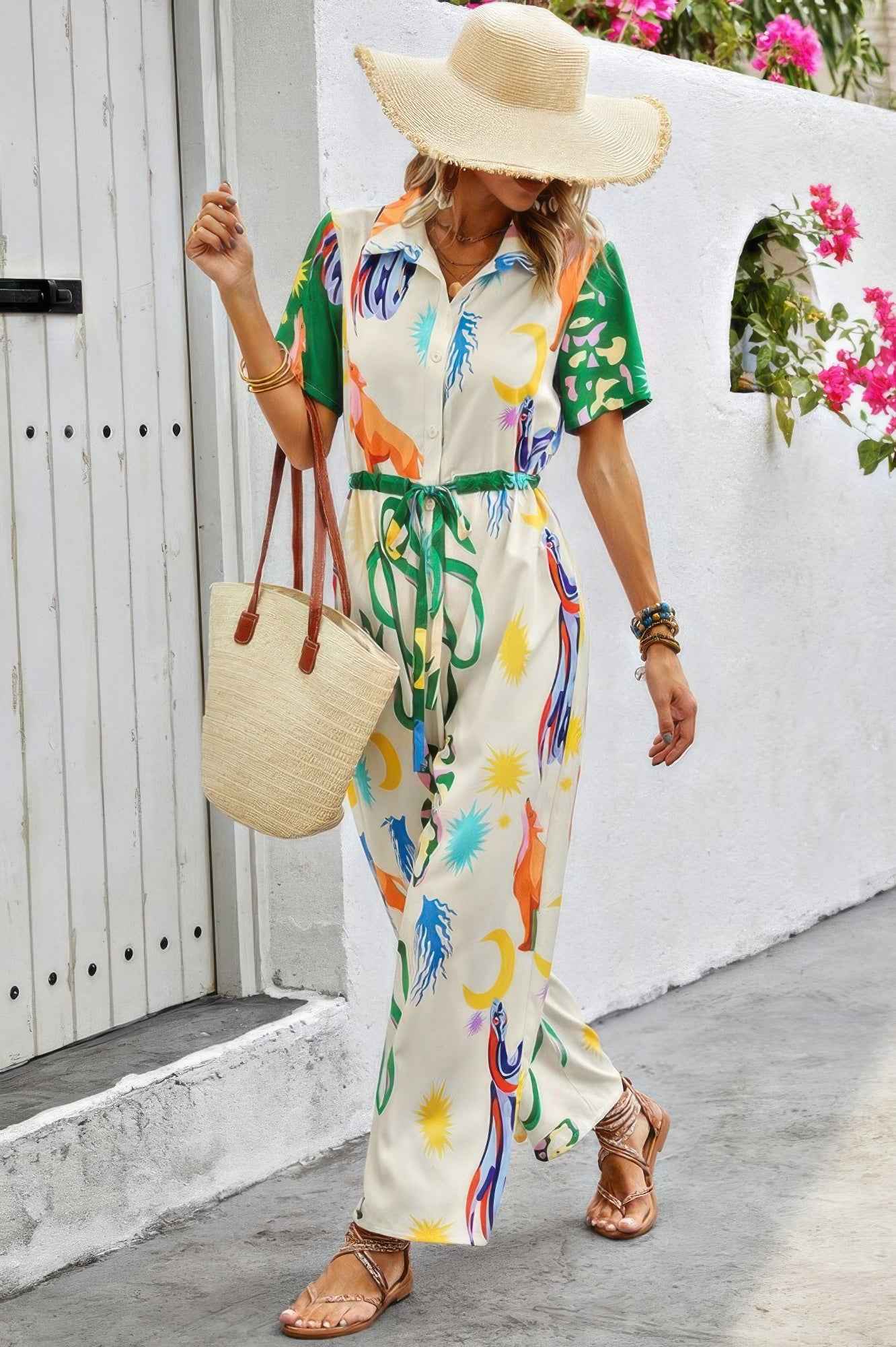 Allover Print Button Up Belt Jumpsuit