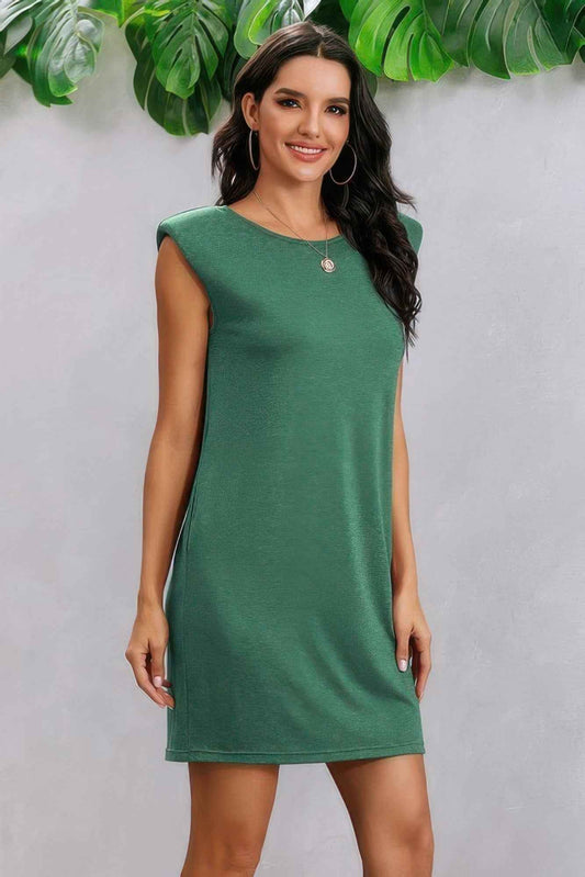 Round Neck Solid Sleeveless Shirt Dress